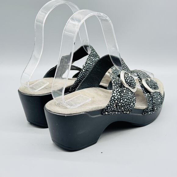 Dansko Sandals Womens 5 Black Leather Sophie Speckled Wedge Slide Buckle Strap - Picture 9 of 13